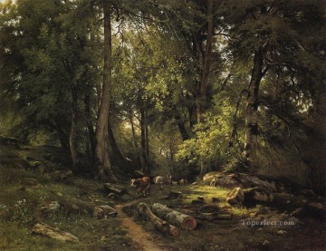 Ivan Ivanovich Shishkin Painting - herd in the forest 1864 classical landscape Ivan Ivanovich